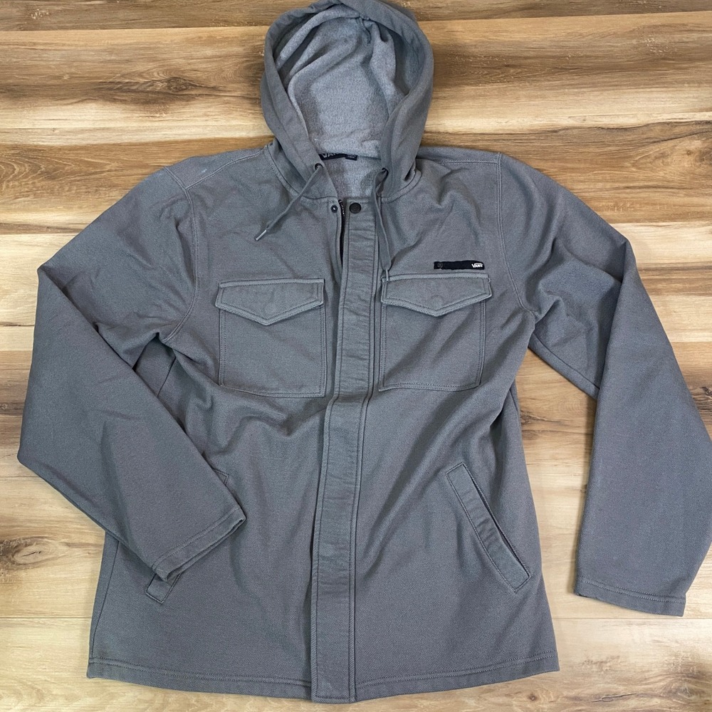 Vans Hooded Shirt Jacket Mens XL Full Zip Fleece Hood Pockets Grey Modern Casual